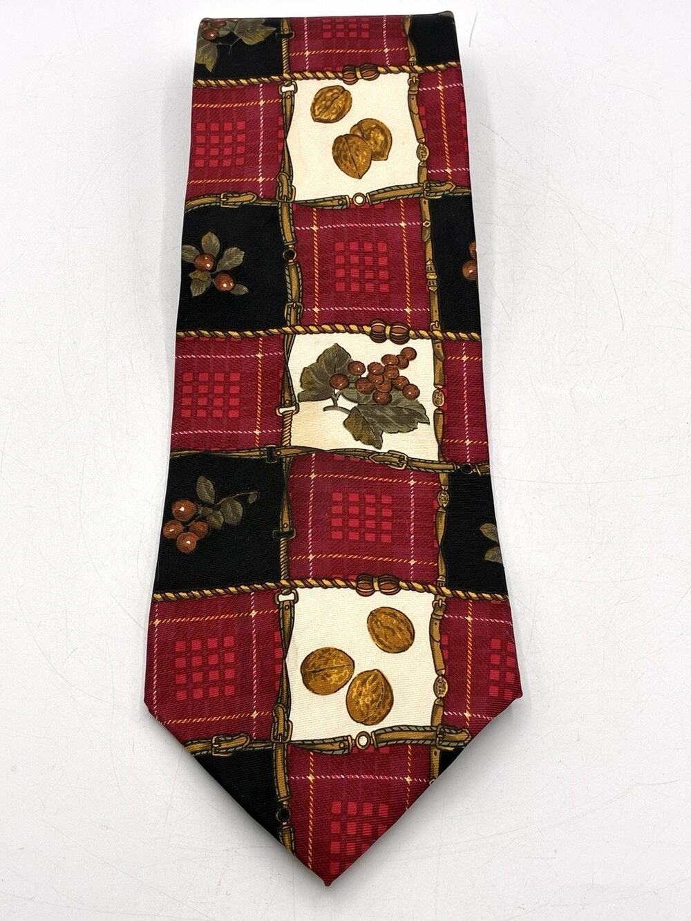 Vintage Pierre Cardin 100% Silk Tie Autumn Harvest Fruit Plaid Thanksgiving